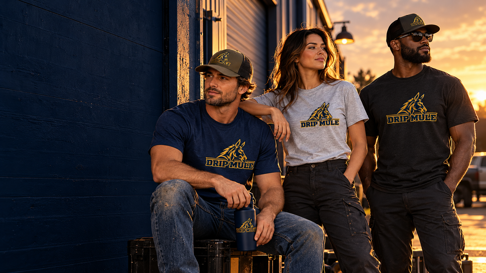 Three people wearing Drip Mule apparel at golden hour outside a warehouse