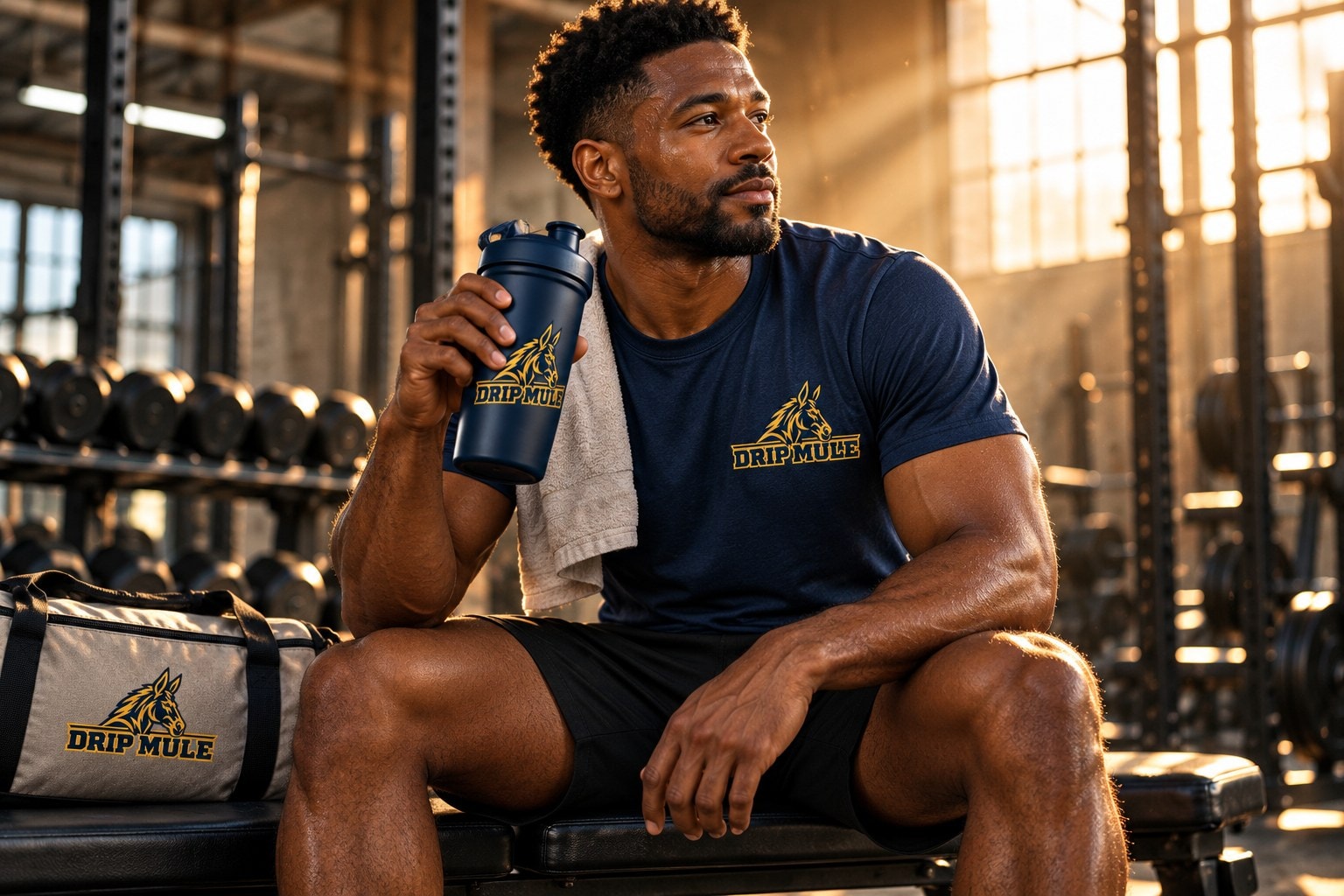 Man in Drip Mule tee holding a branded shaker bottle in an industrial gym