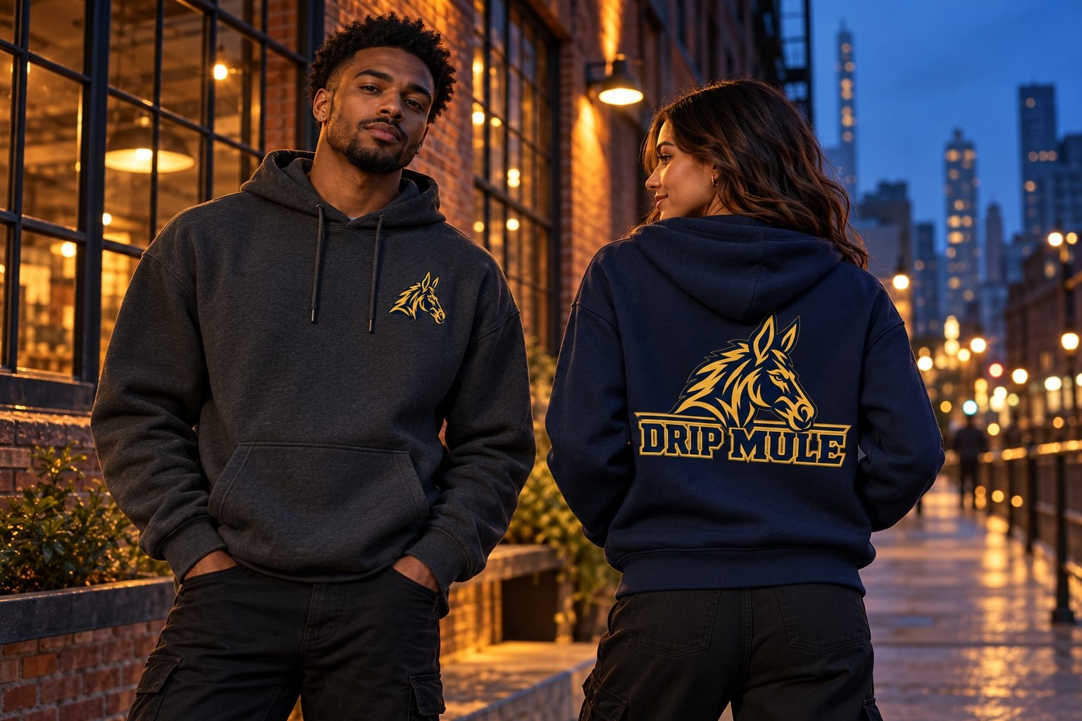 Two people wearing Drip Mule hoodies on a city street at night