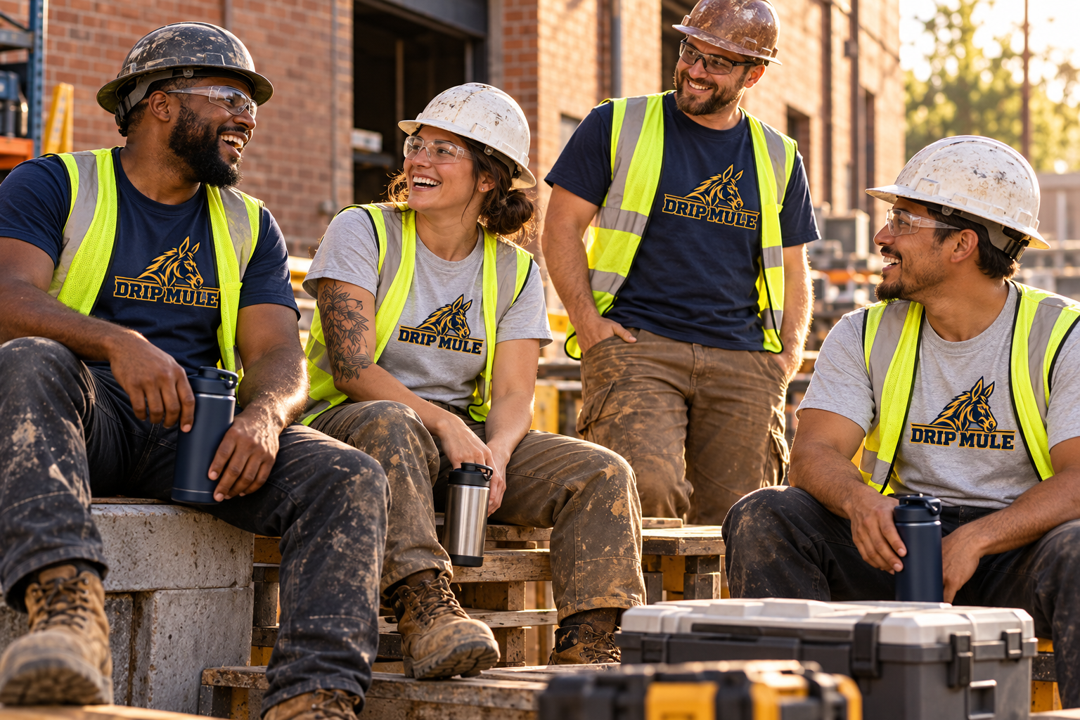 Drip Mule crew wearing branded apparel at a worksite