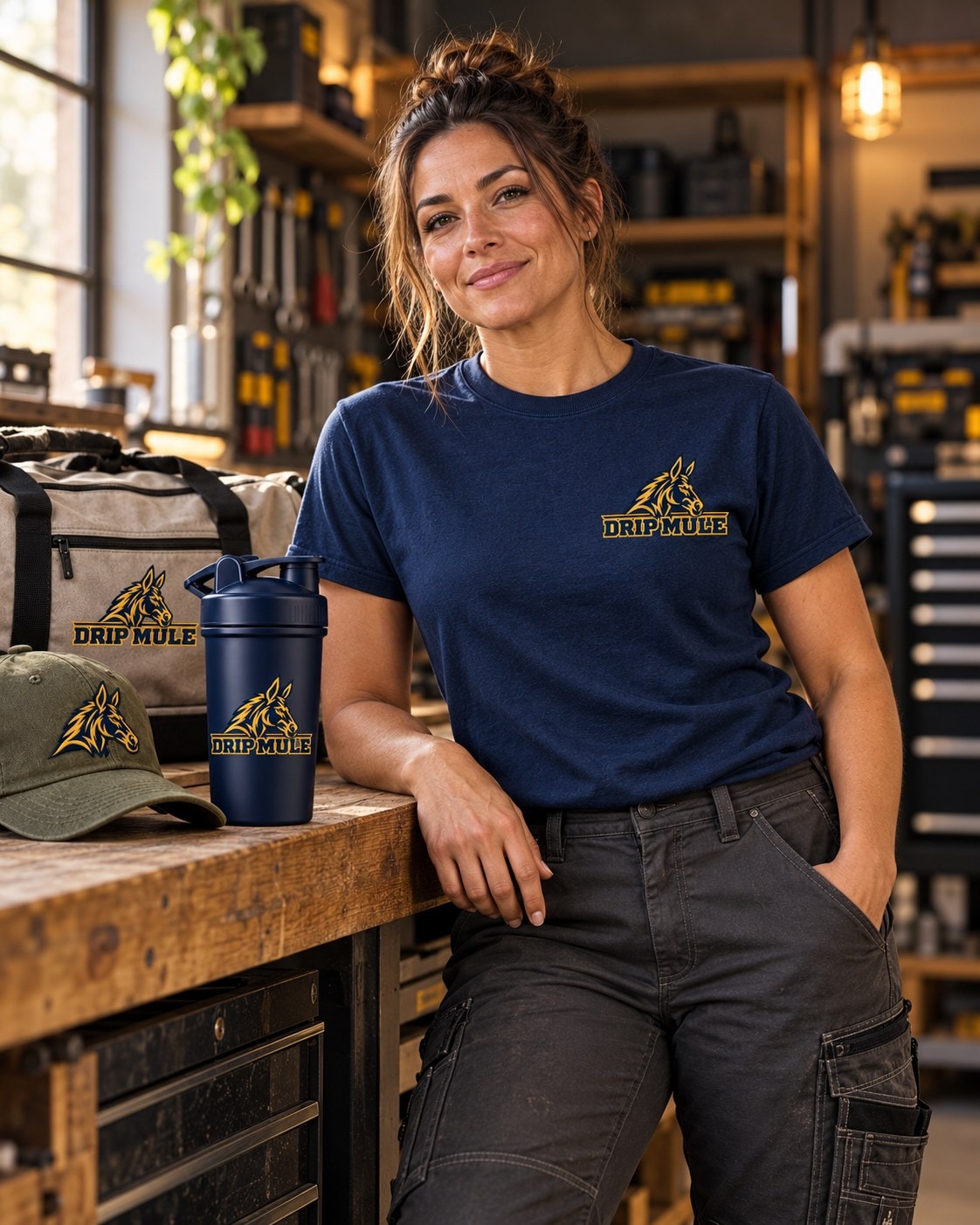 Woman in Drip Mule tee leaning against a workshop bench with gear laid out